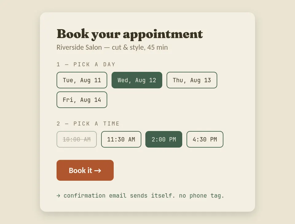 Online booking flow concept for a salon